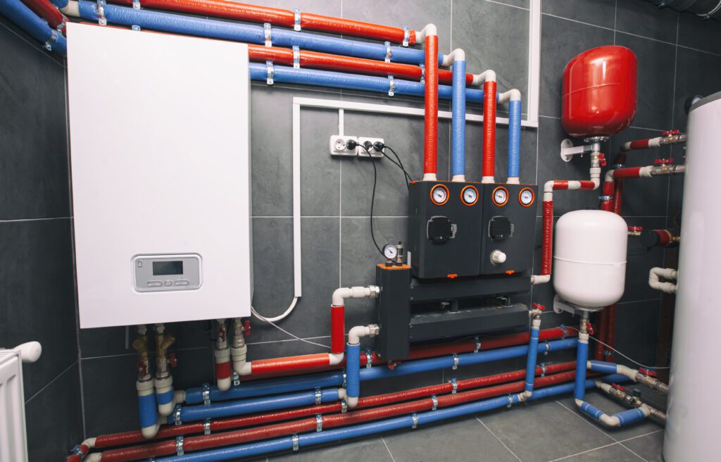 A room with modern plumbing, including various pipes in red and blue running across the walls. At the center is a black control panel with gauges, and to the left is a white rectangular unit with a small display. An expansion tank is mounted to the right.