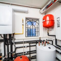 A modern boiler room with various heating and plumbing equipment, including a white boiler, tanks, gauges, pipes, and a red pressure vessel. The setup is neatly organized against the walls with a small window giving an outside view.