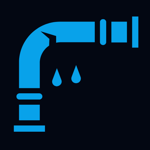 An illustration of a blue water pipe with a right-angle bend, leaking two droplets of water against a dark background.