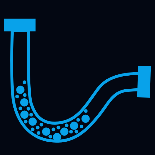 Illustration of a U-shaped pipe with one vertical arm shorter than the other. The pipe is filled with blue liquid and bubbles concentrated at the bottom curve, against a dark background.