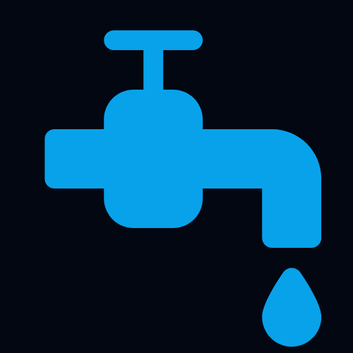 A blue icon of a water faucet with a single drop of water falling from it, set against a dark background.