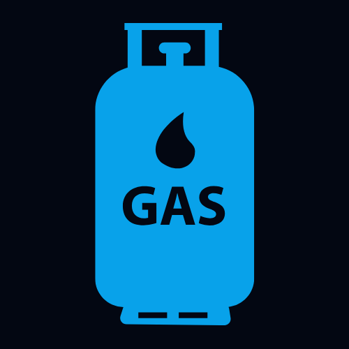 A blue gas cylinder icon on a dark background features a droplet symbol and the word "GAS" in black text on its front. The cylinder has a rounded shape with a valve at the top.