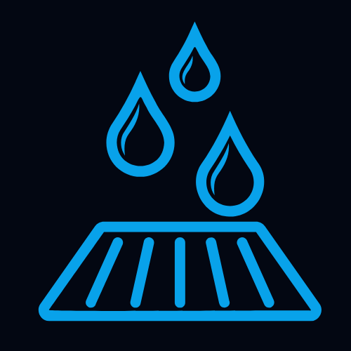 A minimalist blue icon on a black background depicts three water droplets falling onto a rectangular surface with vertical lines, suggesting an absorption or drainage process.