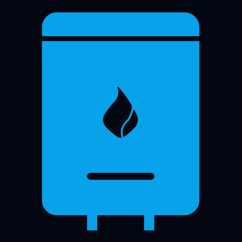 A blue icon of a water heater with a black flame symbol in the center, indicating it's powered by gas. The water heater is depicted in a simplified, rectangular shape with rounded top corners and two small legs at the bottom.