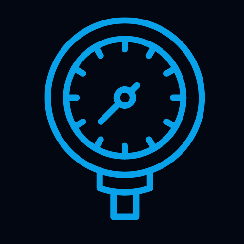 A blue, circular pressure gauge icon on a black background. The gauge has a needle pointing to the right and evenly spaced tick marks around the edge, indicating measurement increments.