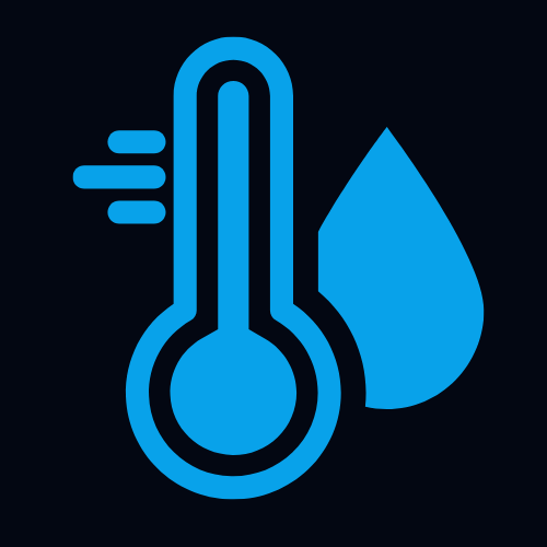 A blue icon on a dark background depicts a thermometer with heat lines and a water droplet. The thermometer is shown in the center with a bulb at the bottom, and there are three horizontal lines to the left of the thermometer indicating heat. A droplet is on the right.