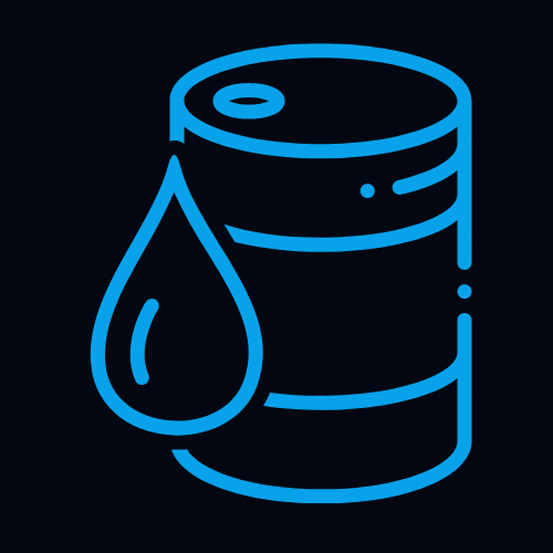 A blue line art drawing of an oil barrel with a large droplet of oil in front of it on a black background. The droplet is positioned slightly to the left and overlaps with the barrel.