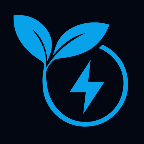 A blue icon on a dark background depicts a sprouting plant incorporated into a circular shape. Inside the circle, there is a lightning bolt symbol, representing the concept of eco-friendly or renewable energy.