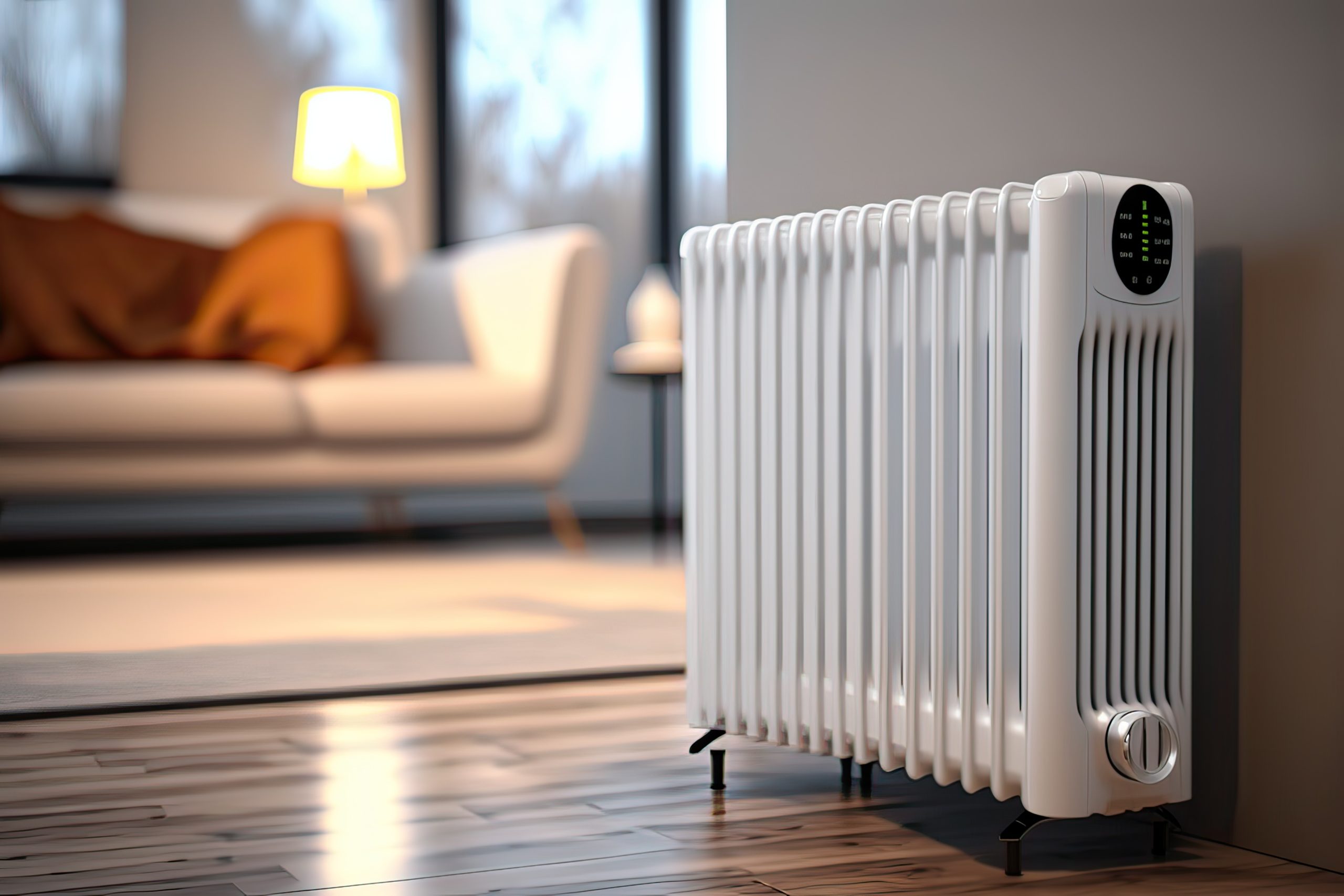 A modern white radiator stands in the foreground on a wooden floor, with a cozy living room in the background featuring a cream-colored sofa, a throw blanket, and a lit floor lamp by a large window. The scene conveys warmth and comfort.