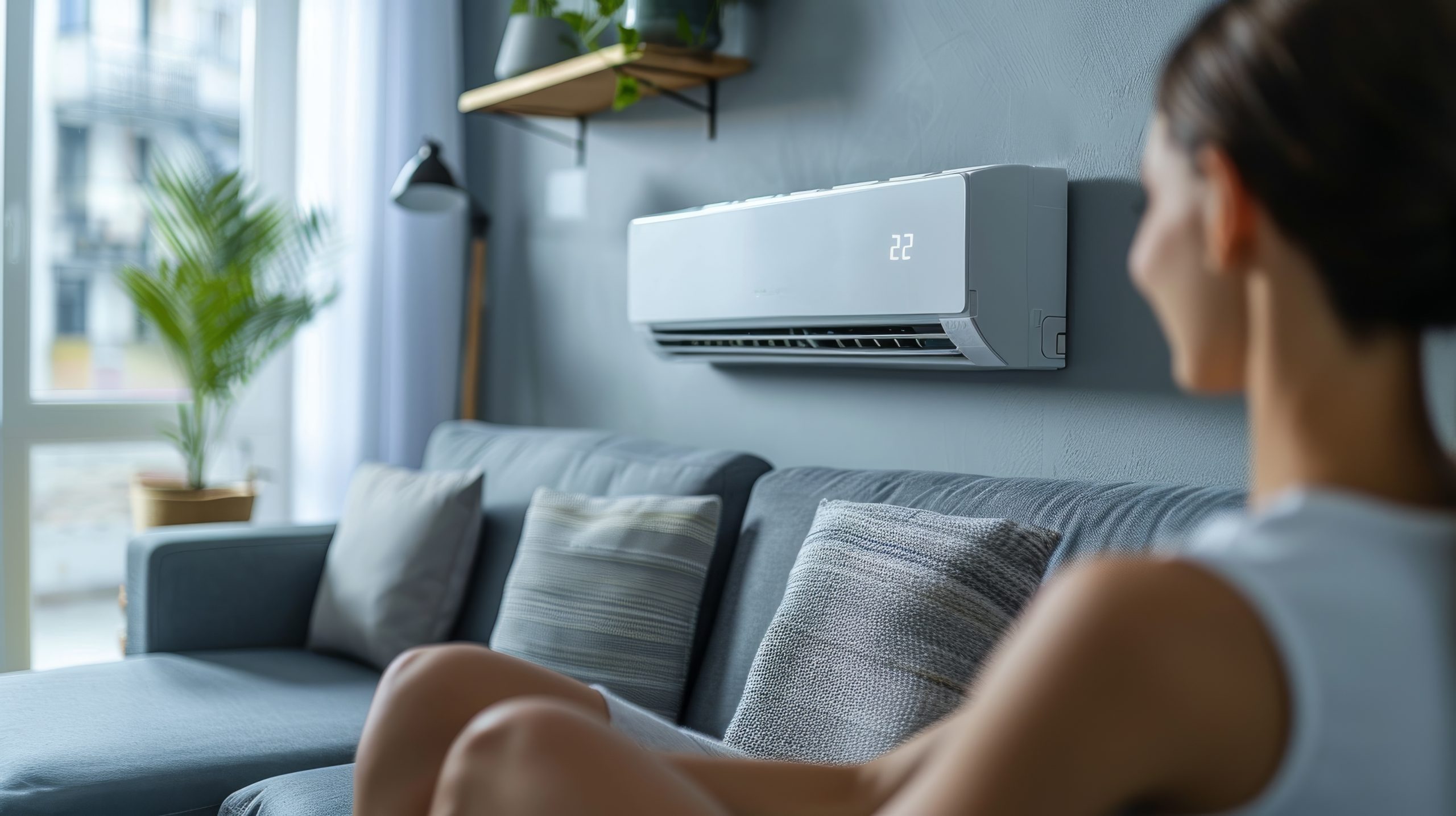 A person sits on a gray sofa in a modern living room with a digital air conditioner mounted on the wall, displaying the temperature "22." Soft lighting illuminates the space, with a potted plant and shelves in the background, creating a cozy atmosphere.